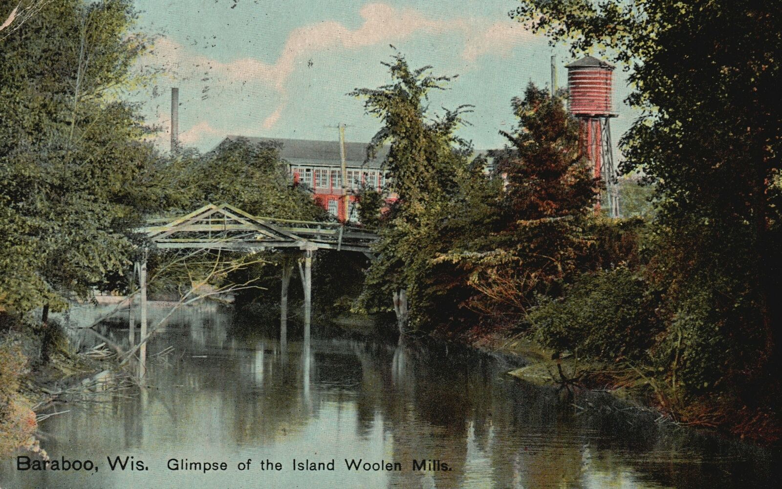 Vintage Postcard 1911 Glimpse Of Island Woolen Mills Baraboo Wisconsin THCL Pub.