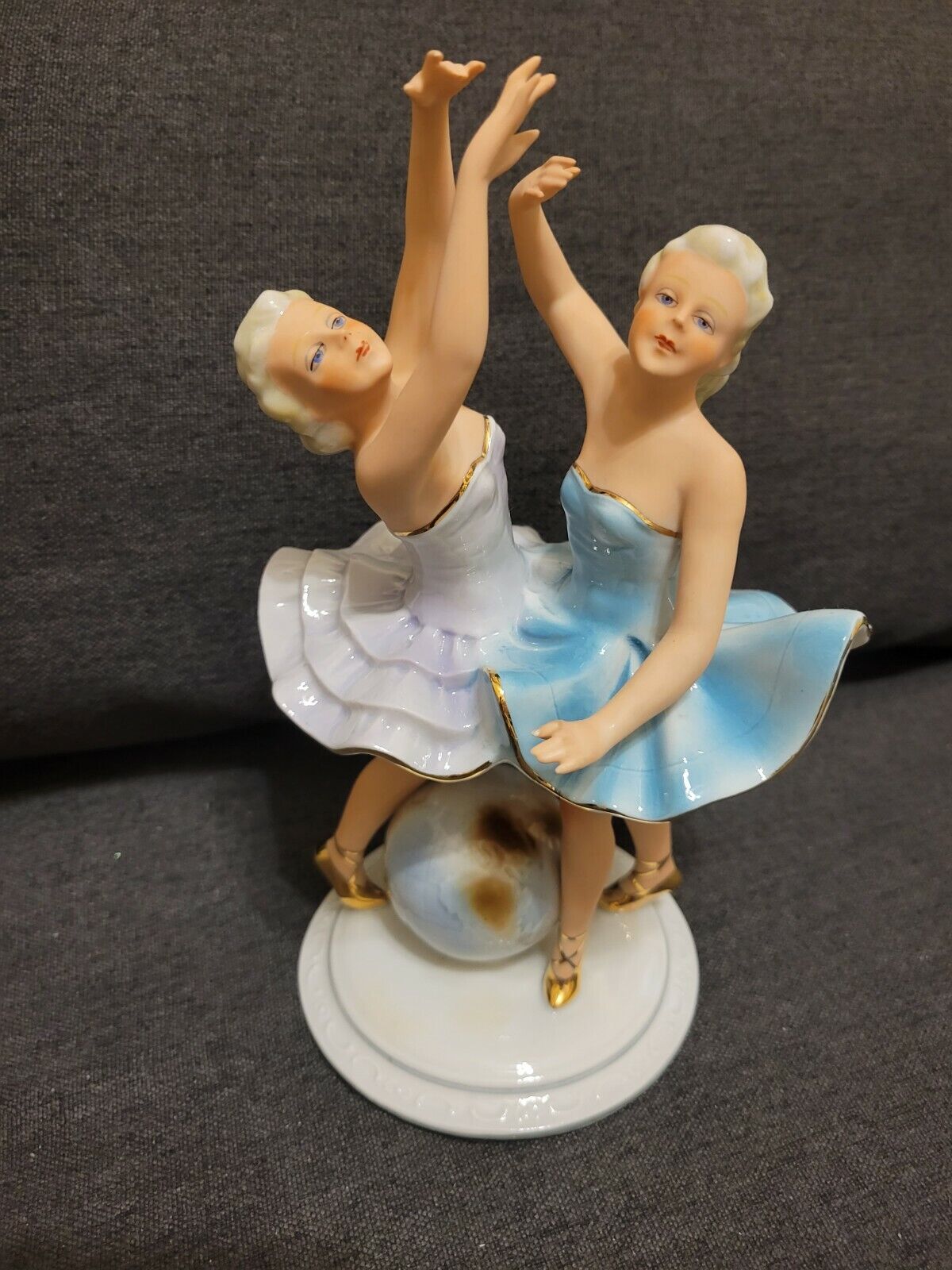 FASOLD AND STAUCH PORCELAIN TWO FEMALE BALLERINAS WITH GLOBE FIGURINE GERMAN