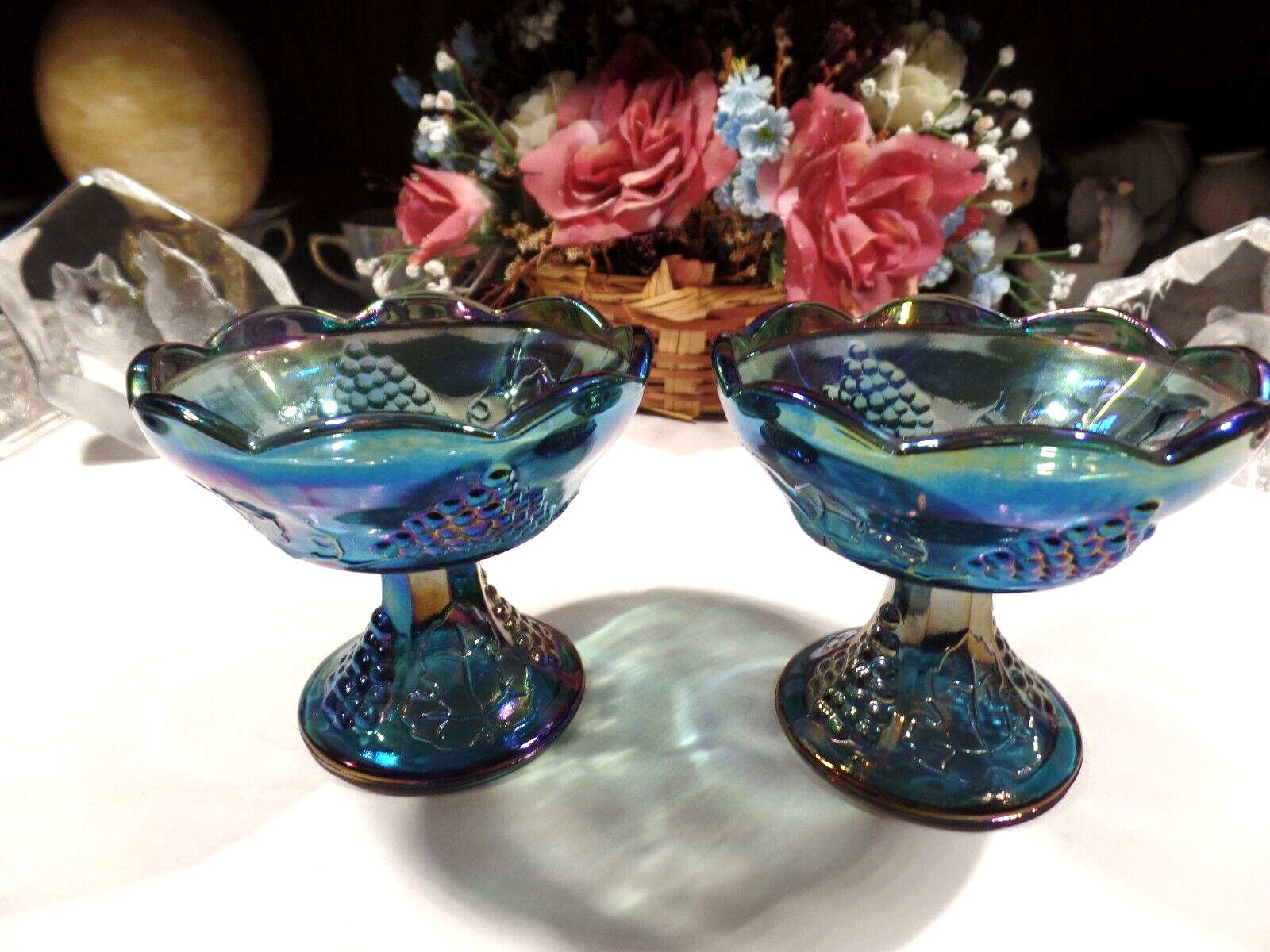 Vintage Indiana Blue Carnival Glass Harvest Grape Candle Stick Holders
