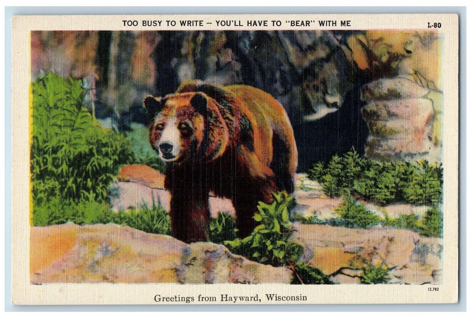 Hayward Wisconsin Postcard Greetings Too Busy To Write You\'ll Have To Bear c1940