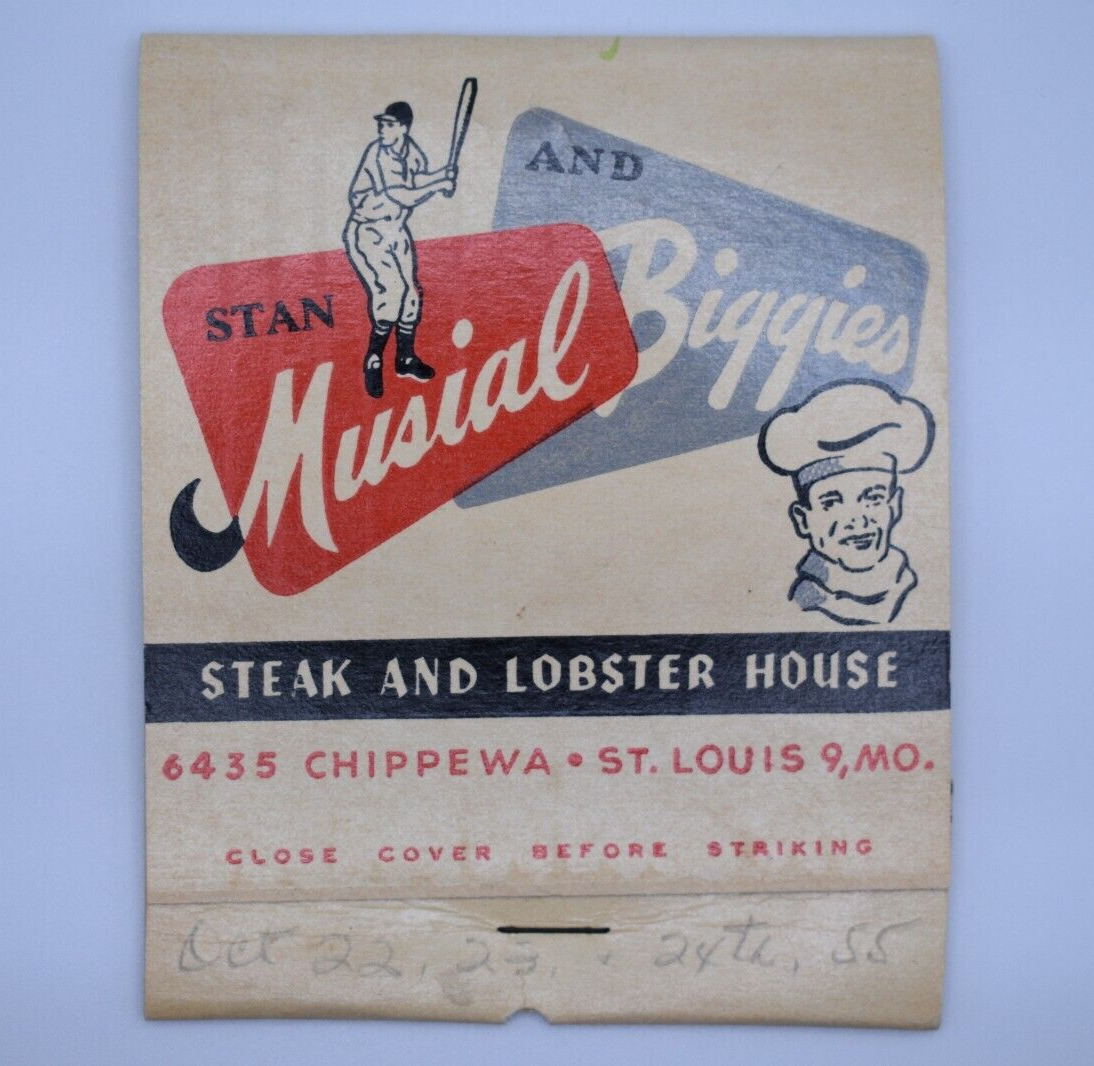 Matchbook Large Stan Musial and Biggies Steak & Lobster House Unused 1950s