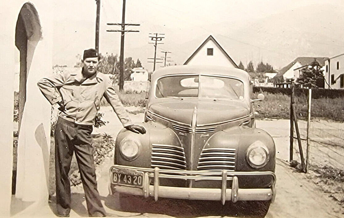 California, Vintage Plymouth Automobile, Military Man Antique Photograph 1942