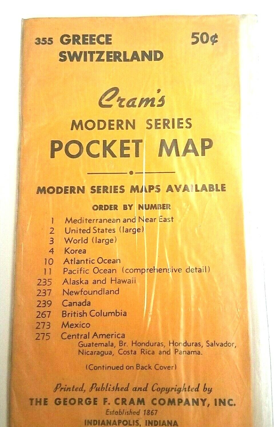 NOS Sealed Vtg 1950\'s Cram\'s Modern Series Pocket Map Greece Switzerland No 355