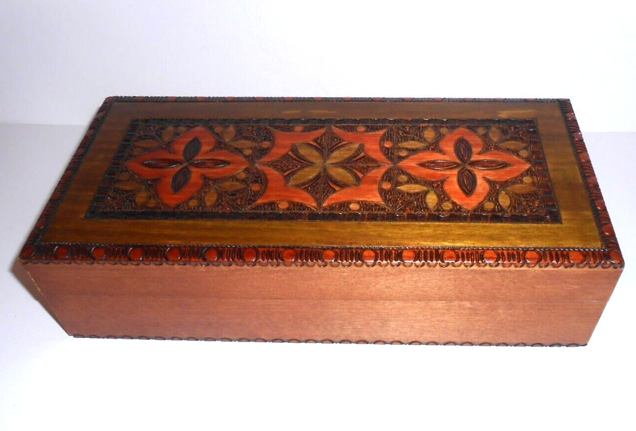 Vintage Hand Carved Poland Ornate Wood Trinket Jewelry Box with Inner Tray