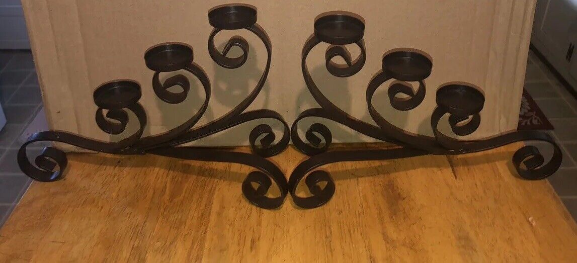 Pair Brown Wrought Iron Tealight Triple Candle Holder Scrolls Nice
