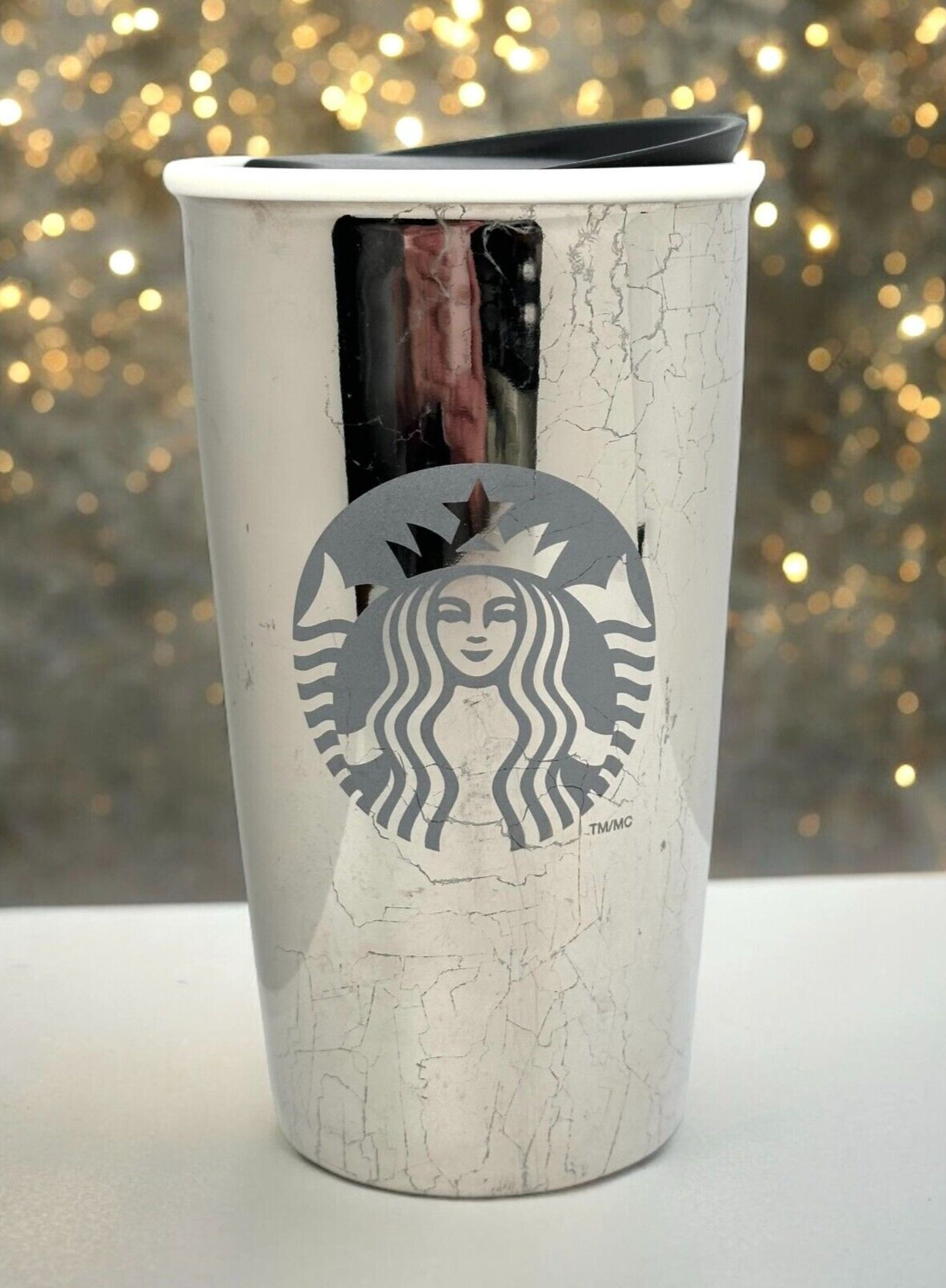Starbucks 2012 Limited Edition White Gold Glaze Ceramic Travel Tumbler Mug 12 oz