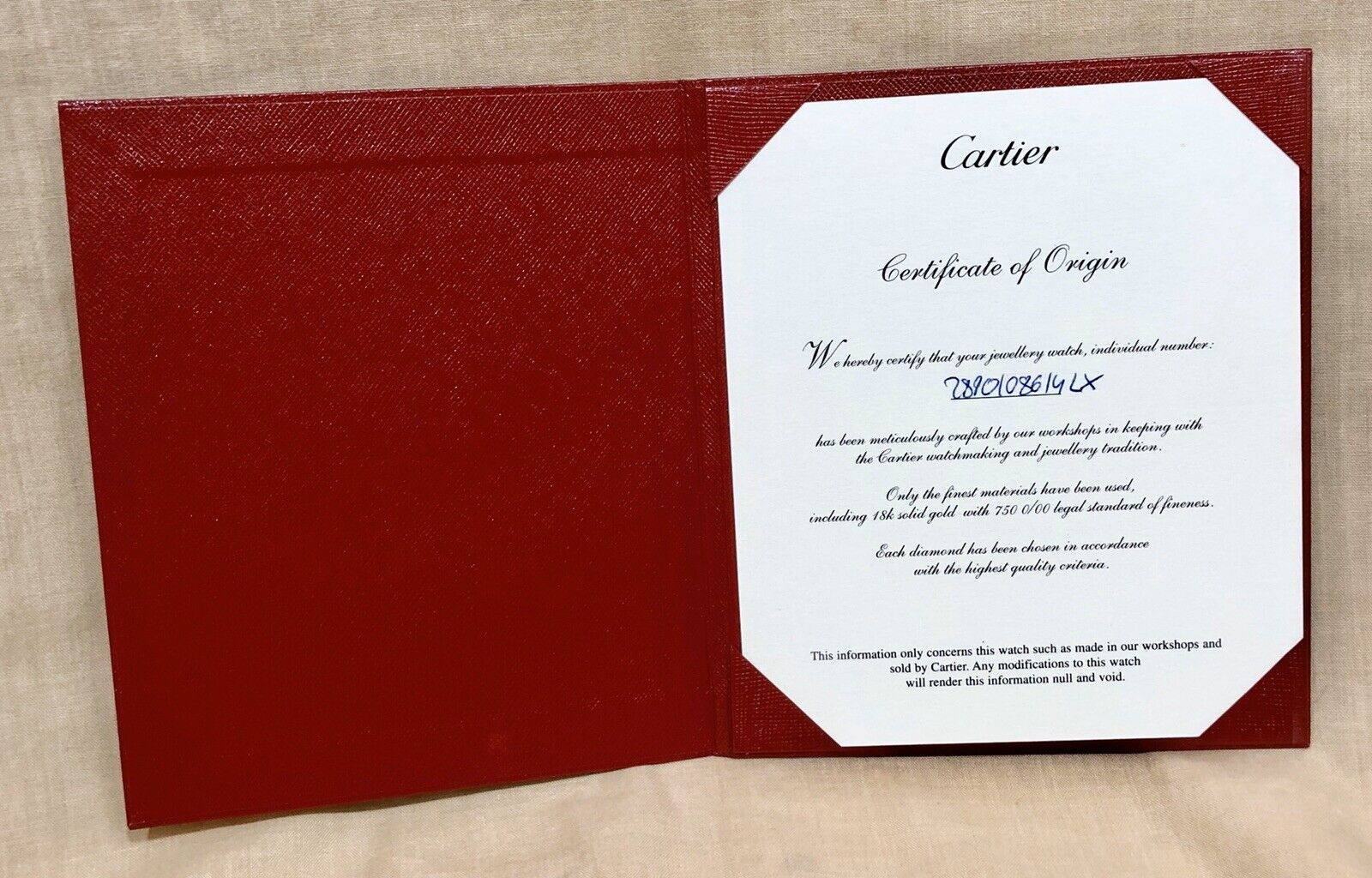 CARTIER Certificate of Origin Guarantee Jewellery Watch 18k Gold Diamonds OEM /