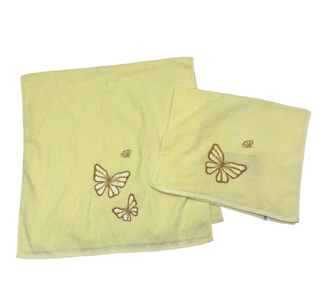 Vintage Butterfly Applique Cannon Towel Set Yellow Cotton Blend Retro Cottage