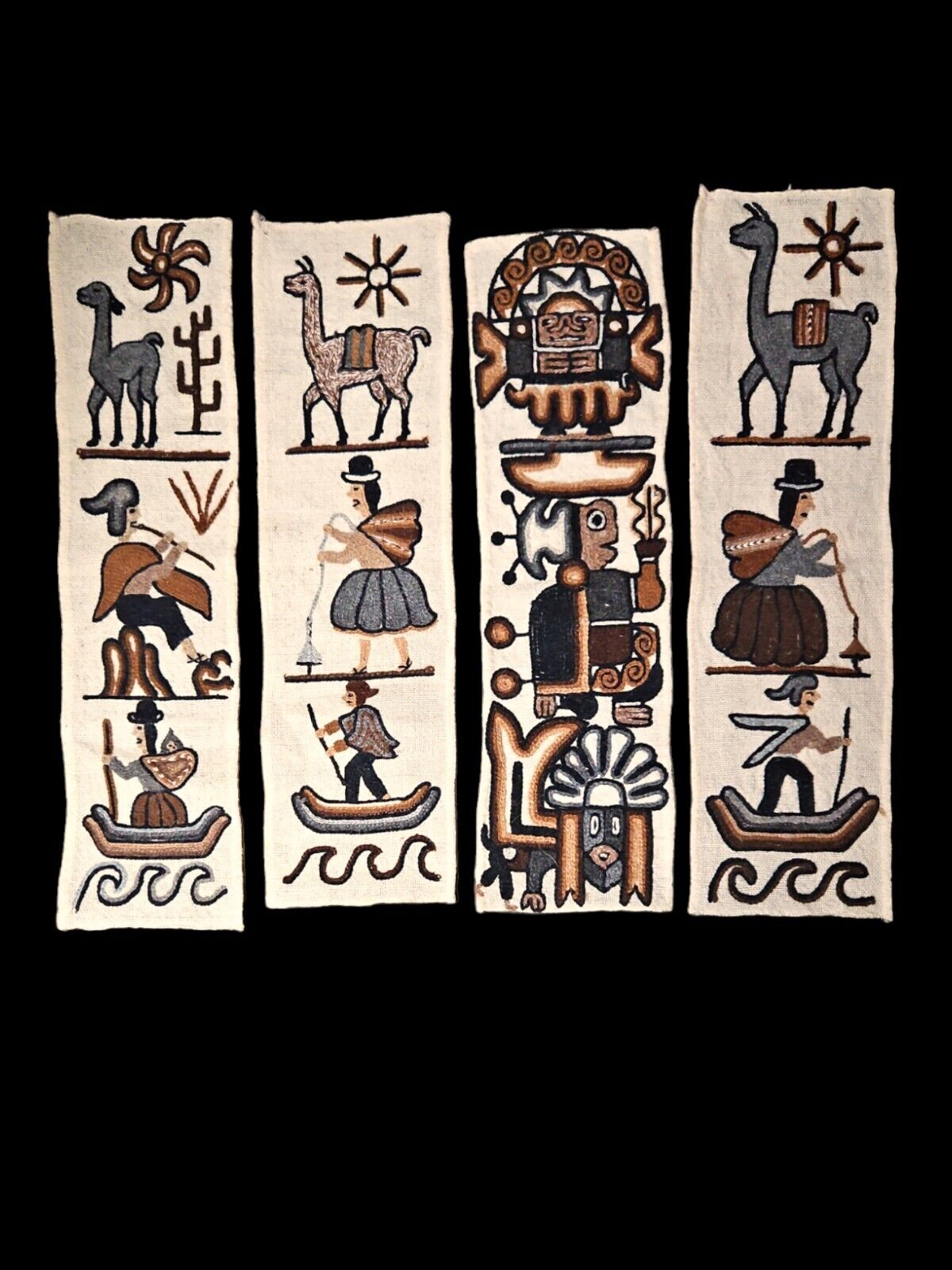 Vintage Peruvian Crewel Needlework Panels~Set of 4~Handmade~South American 
