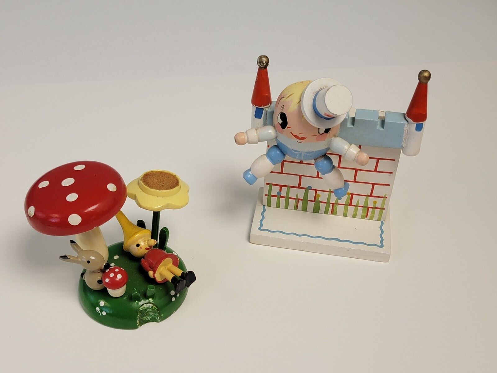Vintage Figurine Set Wooden Pinocchio Scenery Mushroom Rabbit ,and Humpty Dumpty