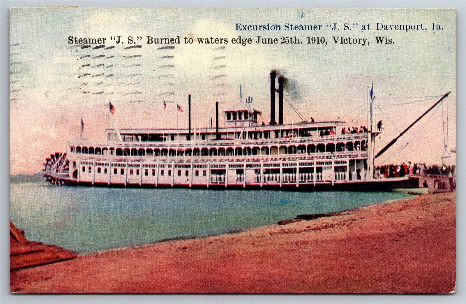 Excursion Steamer JS Davenport IA Burned 1910 in Victory WI C1907 Postcard H3