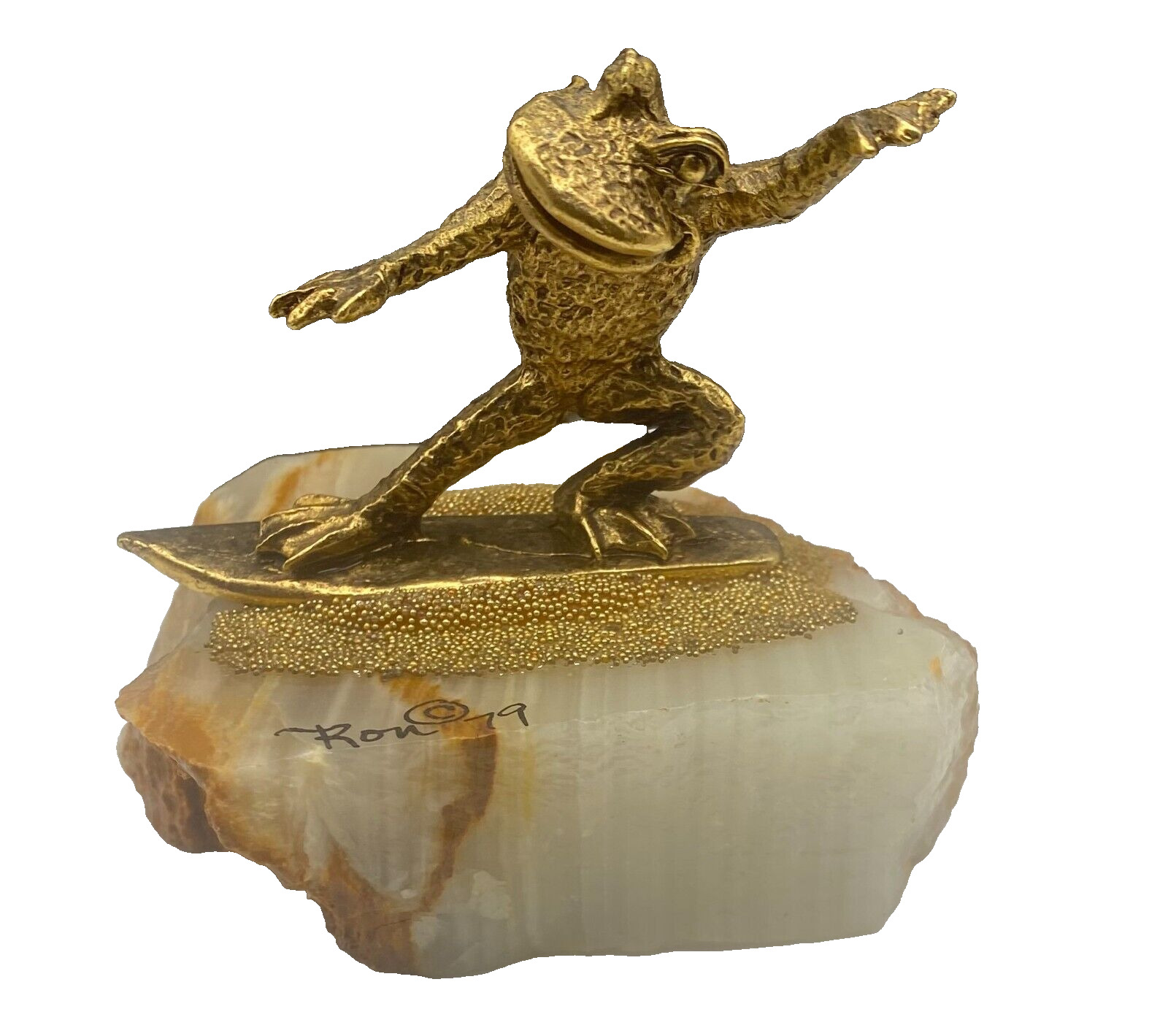 Special Edition Vintage Ron Lee 1979 Signed Surfing Frog Sculpture 24K Plated