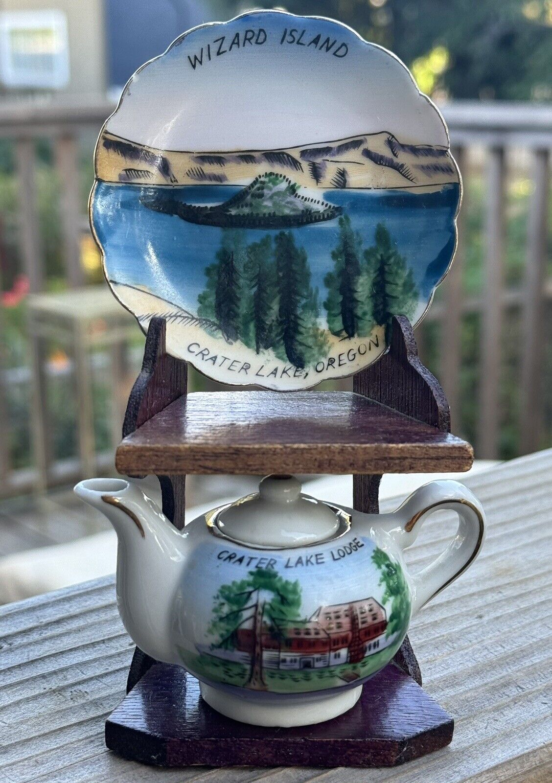 Vintage Crater Lake OR Mini Teapot And Plate On Stand/ Dickson Japan