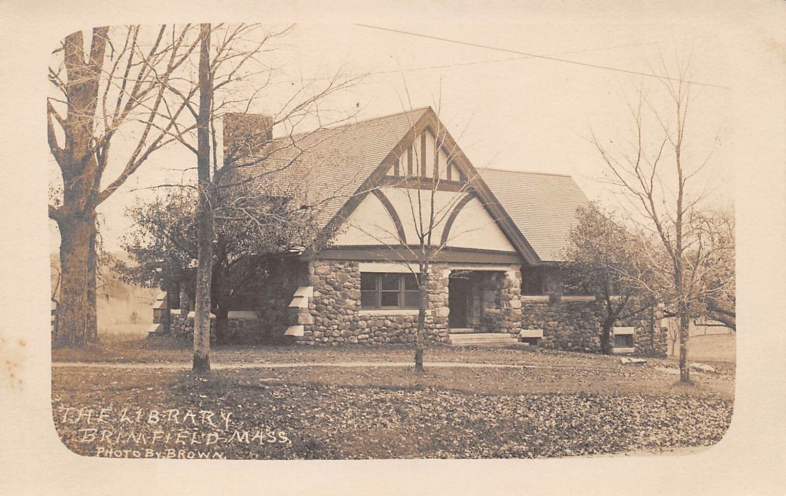 BRIMFIELD, MA ~ THE LIBRARY, BROWN REAL PHOTO PC ~ c. 1910-20