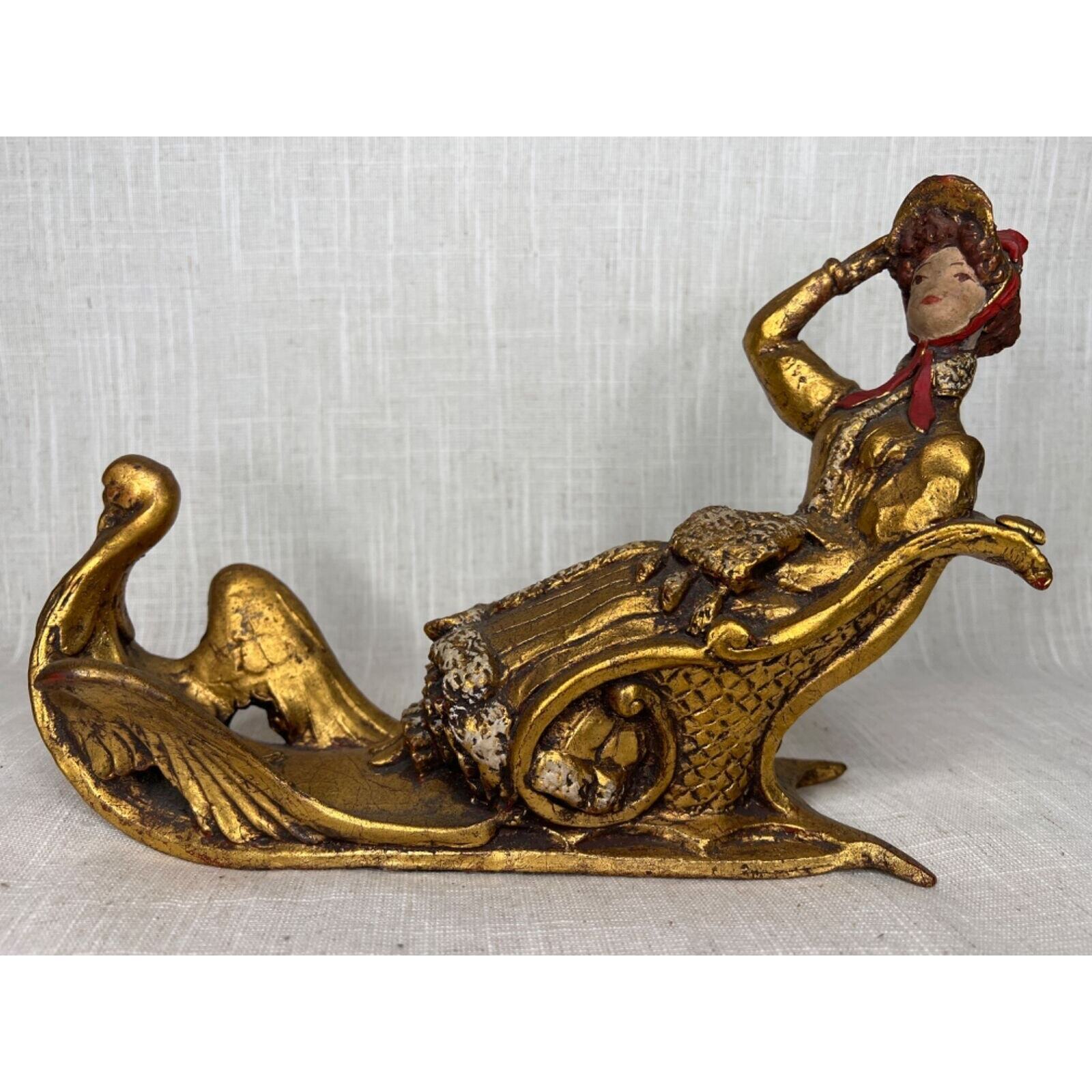Vintage 70s Victorian Style Lady in a Swan Sleigh Gold Gild Composition