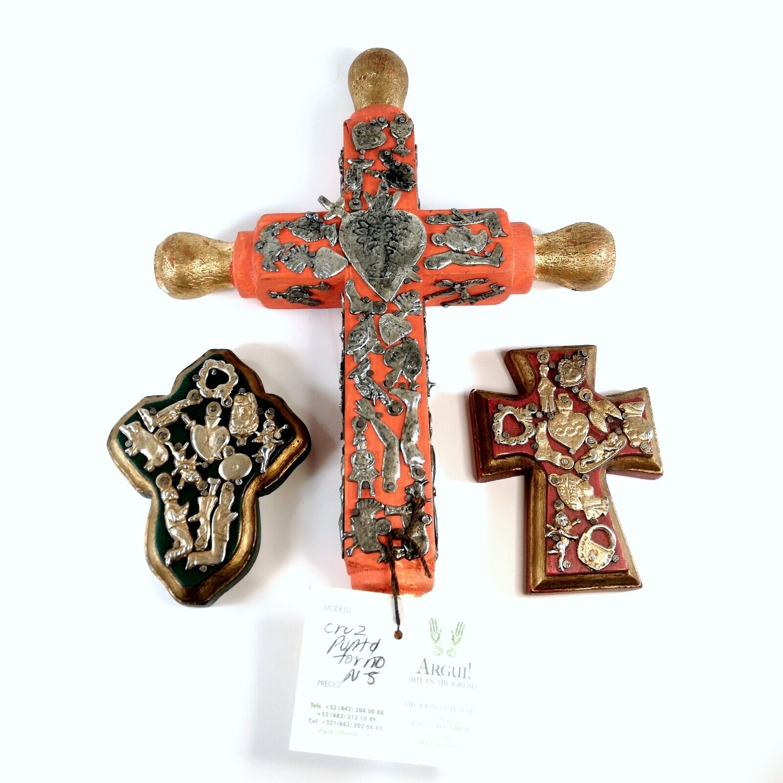 Lot of 3 Handmade Mexican Folk Art Milagro Covered Crosses Made in Mexico
