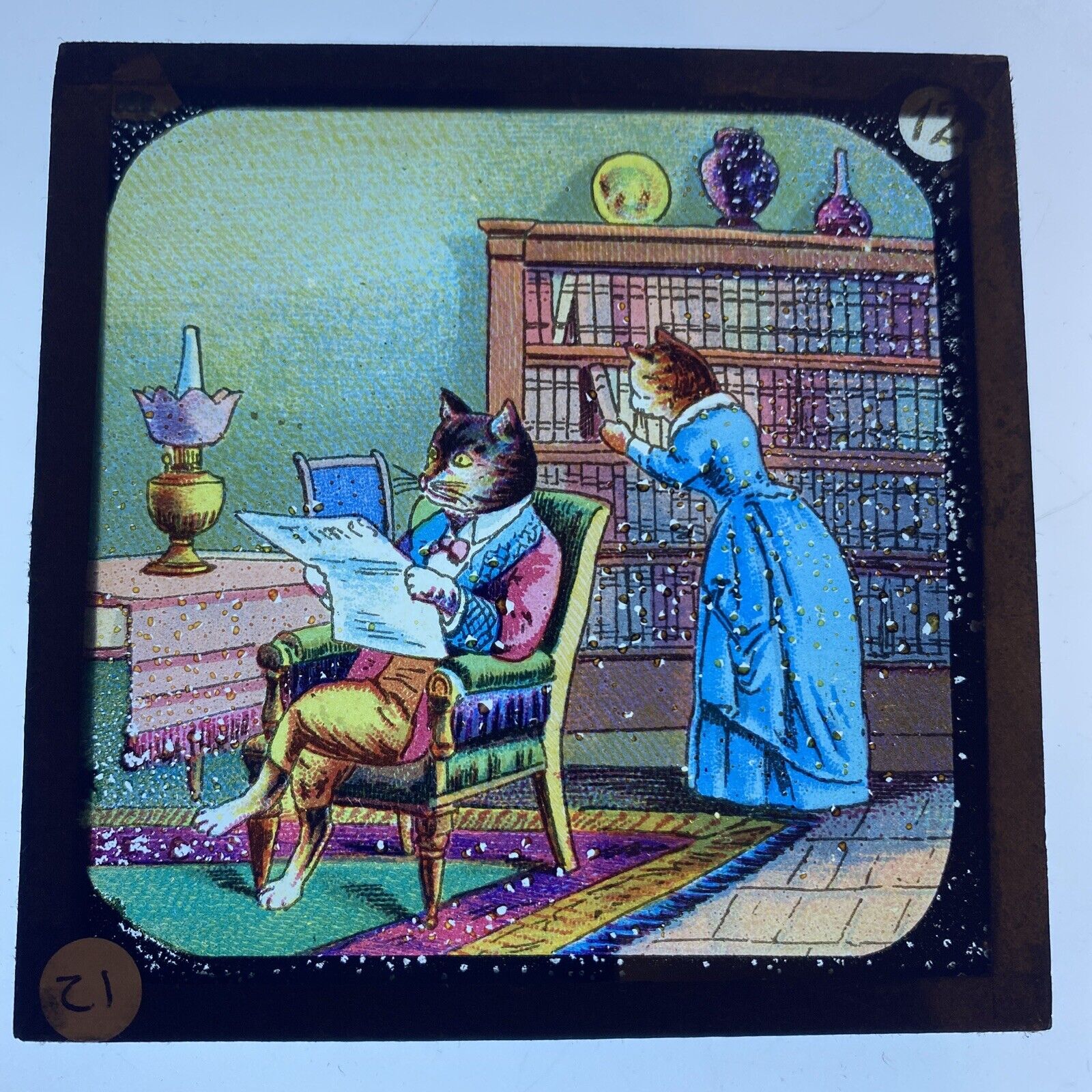 Antique Magic Lantern Slide 12 Theobald Educated Cats Her Father & Mother -FAULT