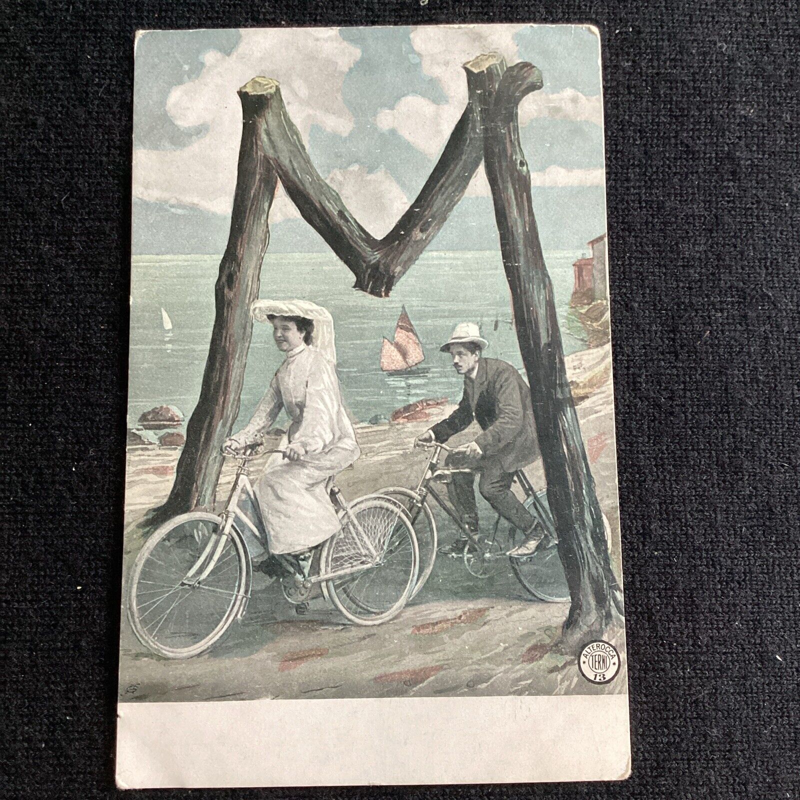Large Letter M Vintage Bike Bicycle Postcard 1906 Antique 
