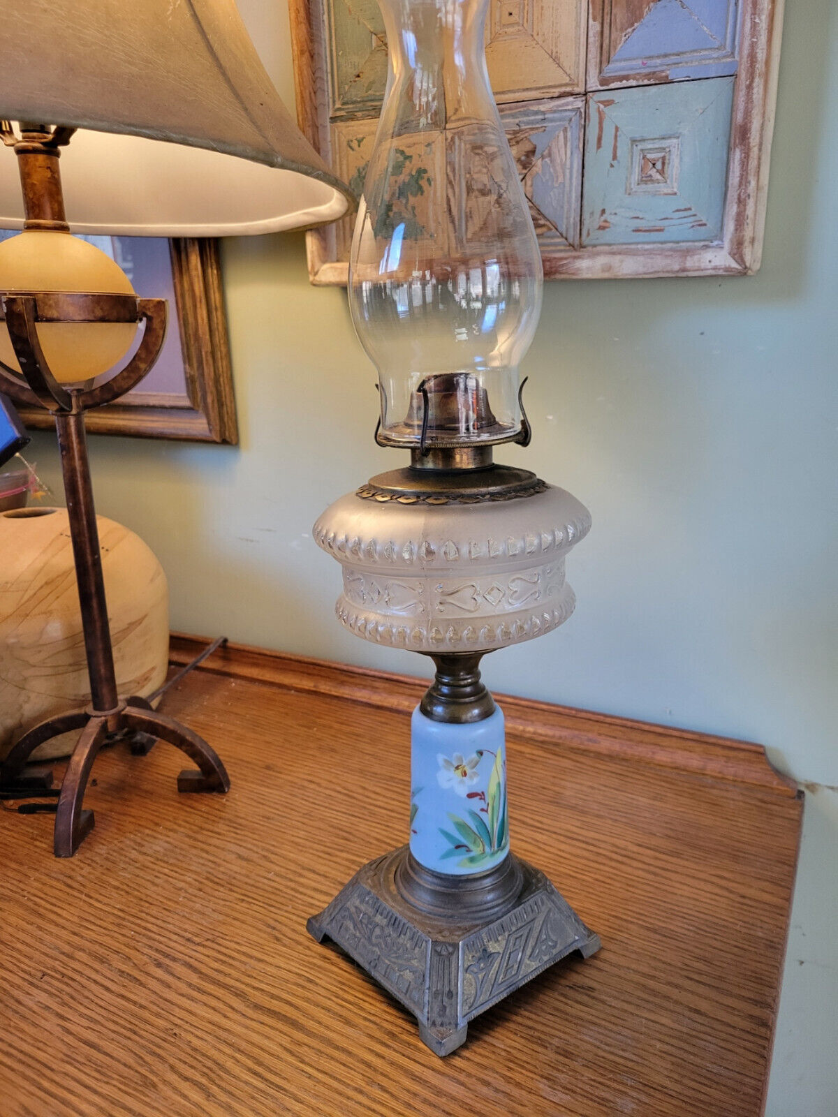 Elegant Antique Brass Glass and Painted Kerosene Lamp - A Rare Treasure
