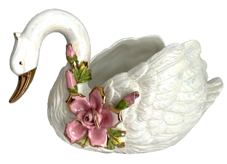 Vintage Capodimonte Swan Planter White Bird Pink Roses Luster Ceramic Porcelain