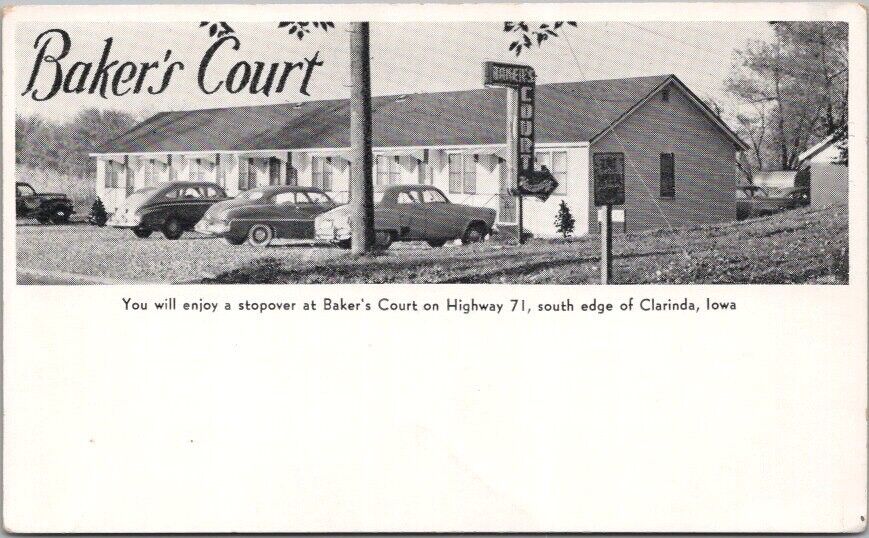 CLARINDA, Iowa Postcard BAKER'S COURT Highway 71 Roadside / Early 1950s Cars