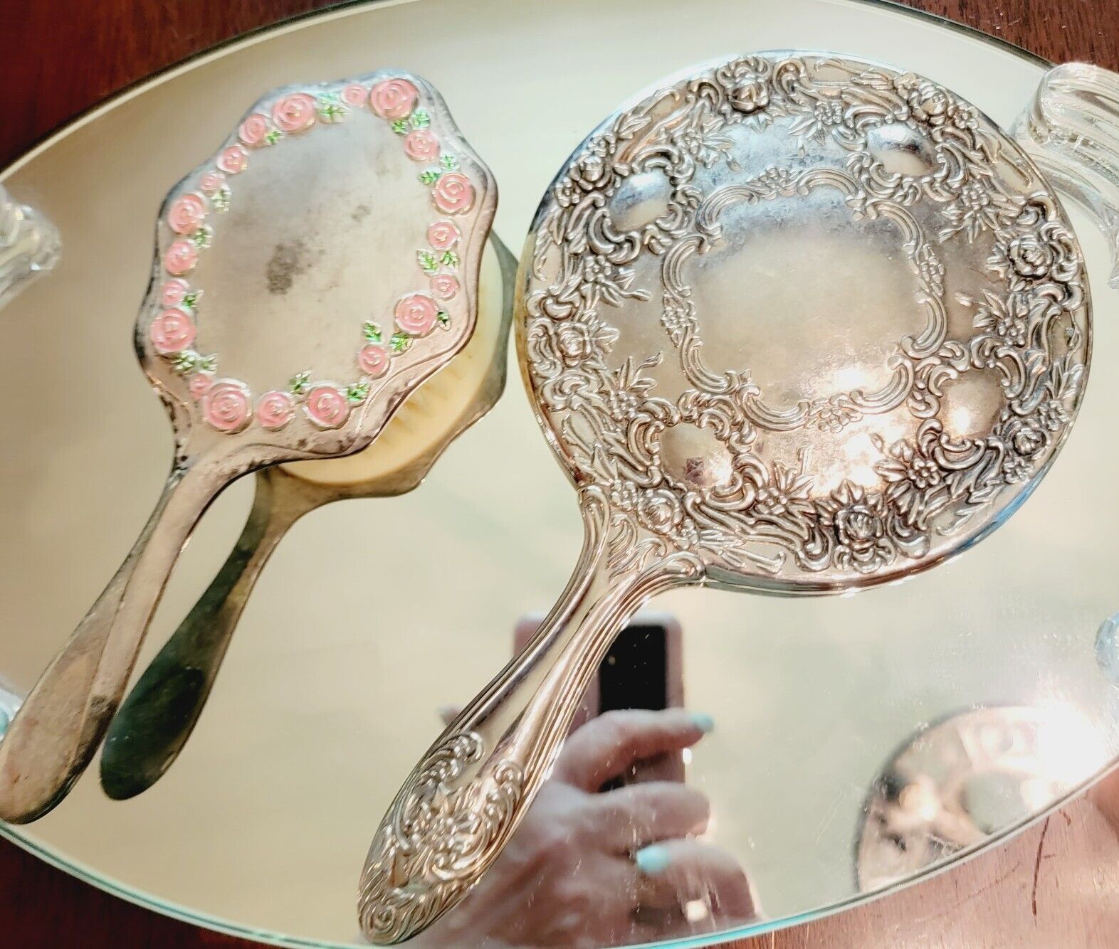Vintage Ornate Silverplate Vanity Set, Hair Brush & Hand Mirror- Pink Roses
