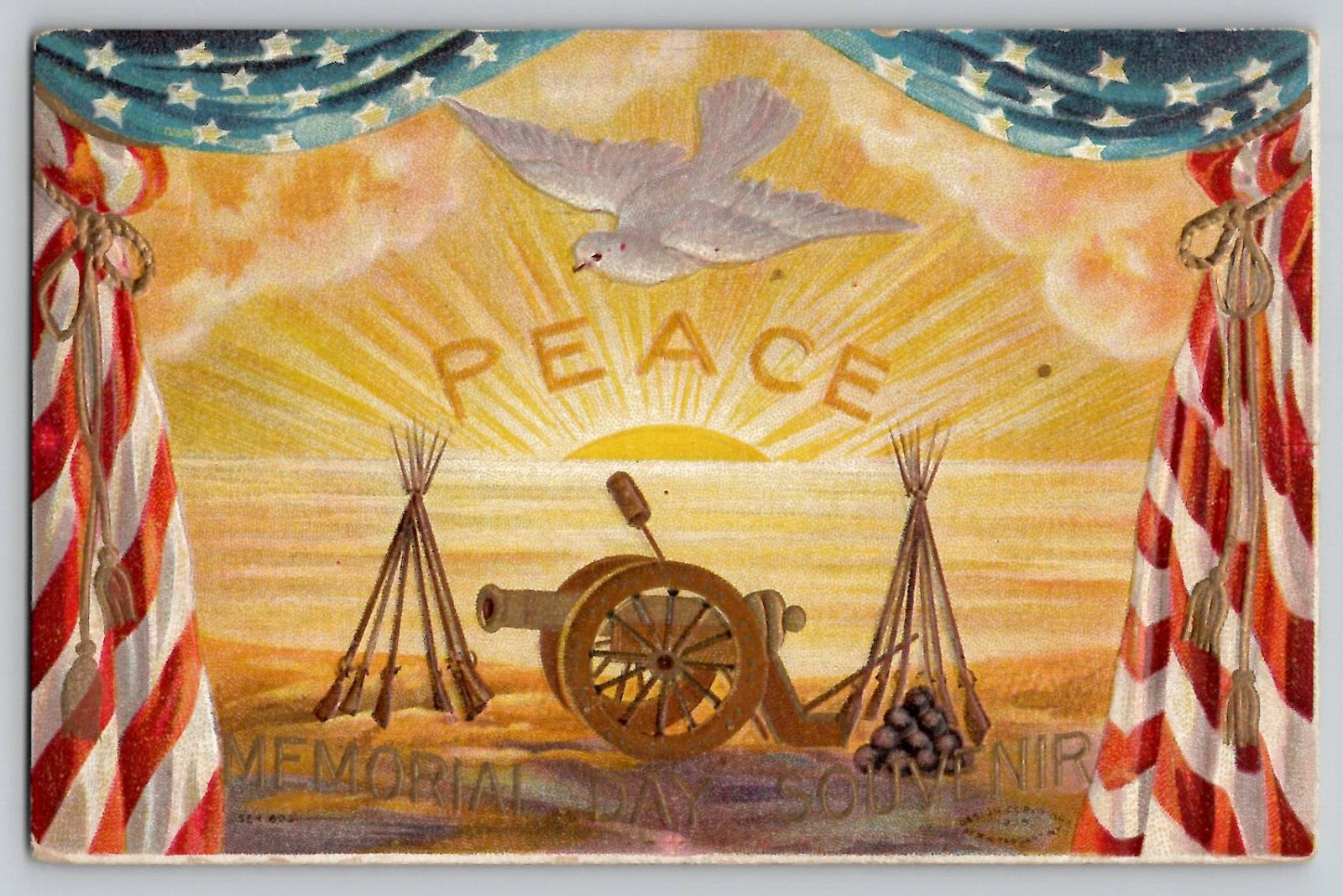 1910s Memorial Day Greetings Vintage Patriotic Postcard Peace Sunrise Dove Canon