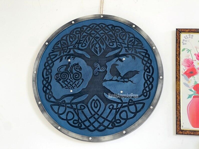 Antique Tree Of Life Designer Blue Painted Viking Shield Handmade Battle Shield