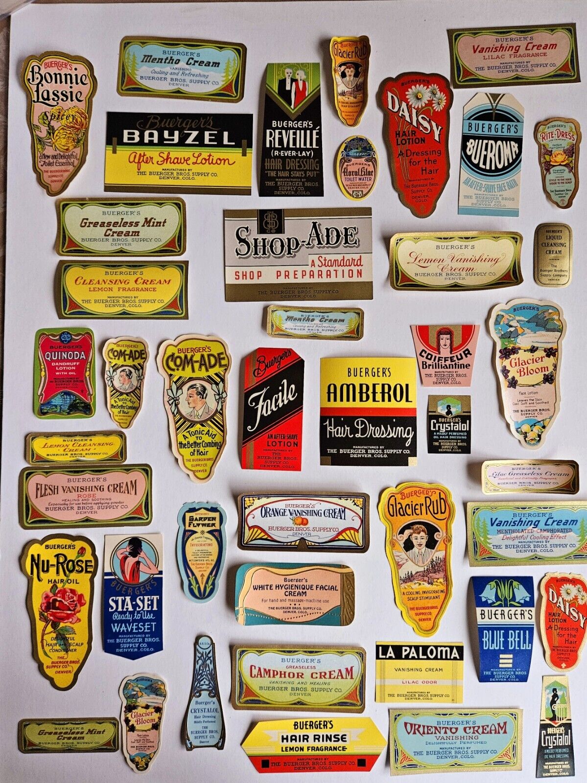Lot of 44 Vintage 1930s Beauty Cosmetic Hair Labels Buerger Denver CO.