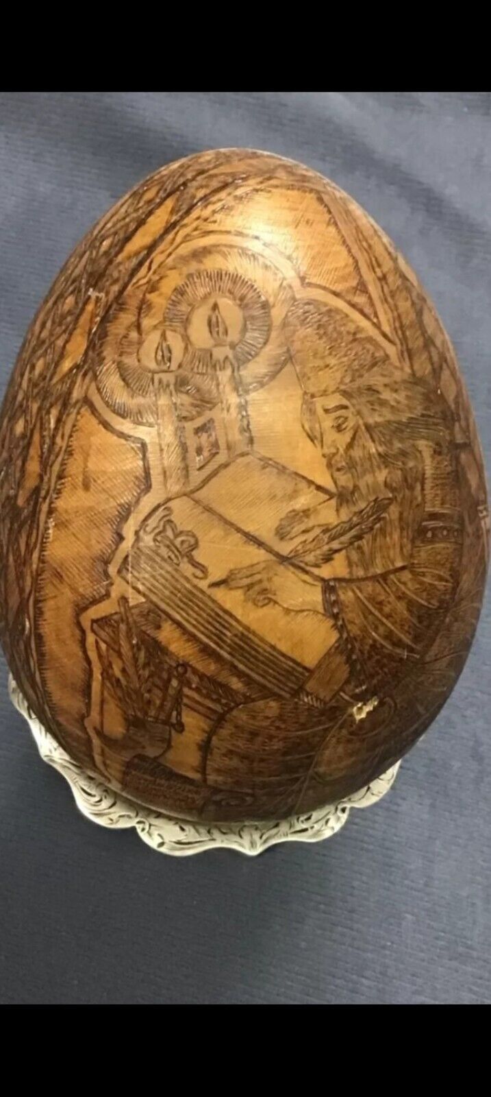 Vintage Russian Christianity Wood Carved Egg double-headed Eagle antique 1900s