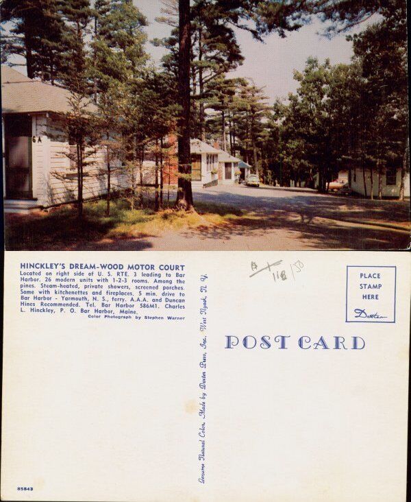 Hinckley\'s Dream-Wood Motor Court Bar Harbor Maine vintage chrome postcard 1960s