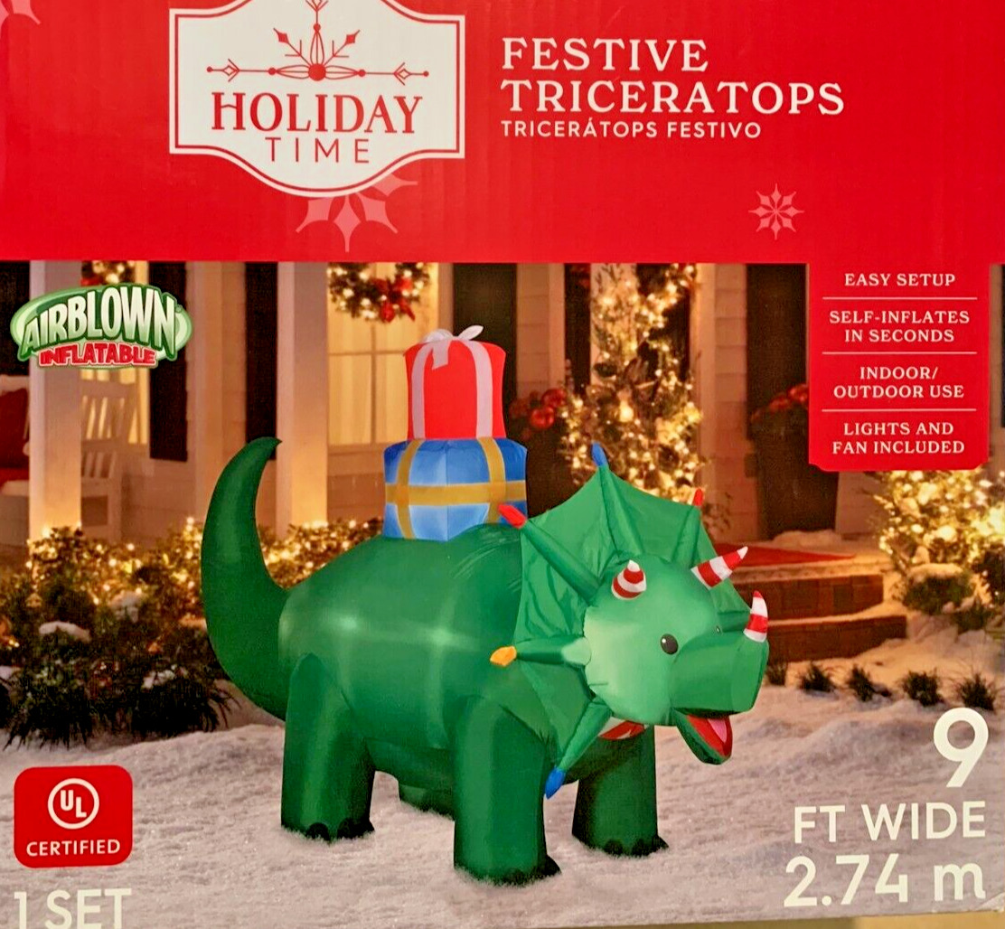 NEW 9 FT WIDE CHRISTMAS FESTIVE TRICERATOPS DINOSAUR PRESENTS GEMMY INFLATABLE