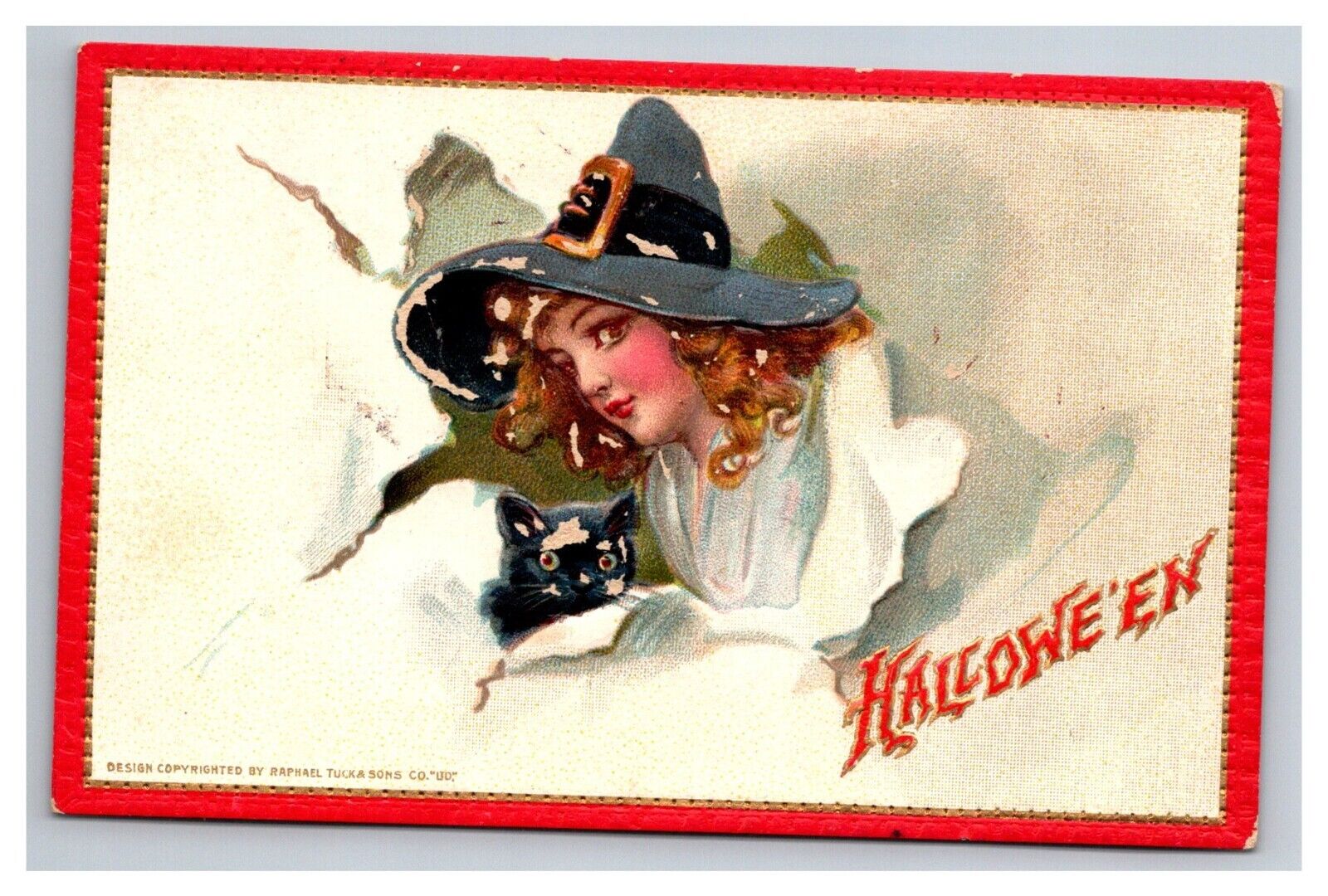 Postcard Halloween Tuck's # 174 Woman Witch with Black Cat