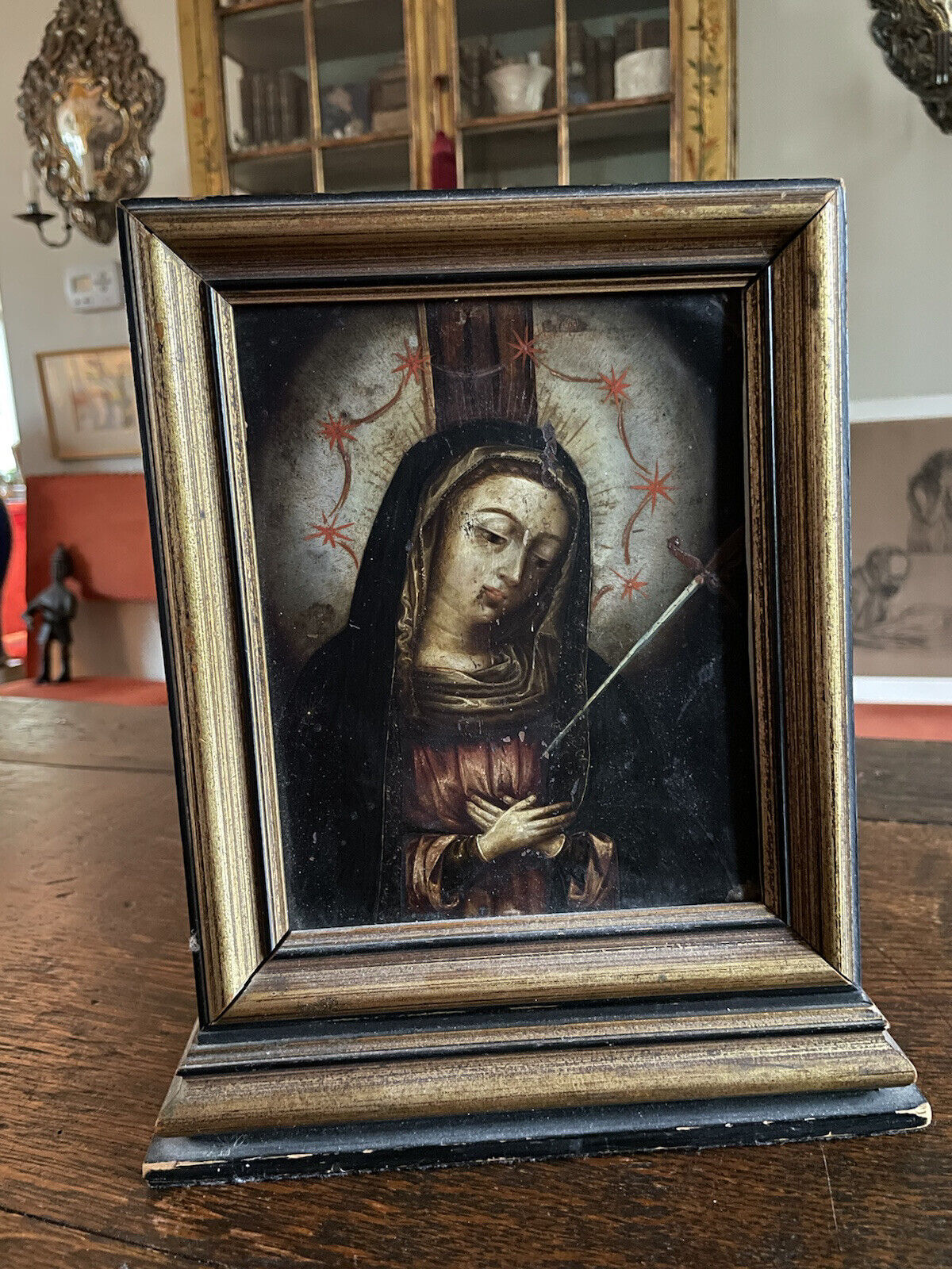 19th Century Framed Oil on Tin Mexican or Spanish Icon Painting Double Sided