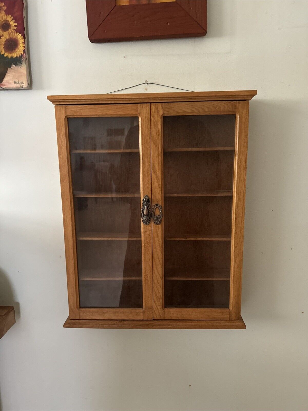 vintage oak glass wall mount display cabinet 16” X 20”