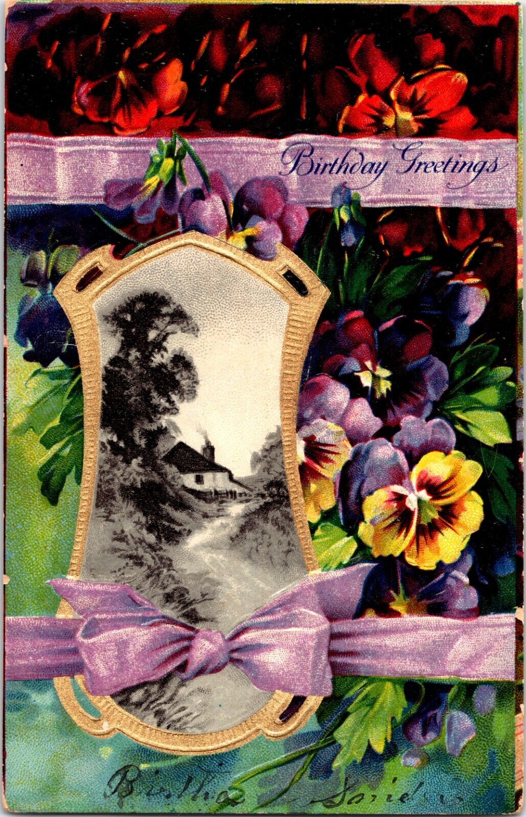 Embossed Postcard Birthday Greetings Pansy Flowers Purple Ribbon Posted 1910