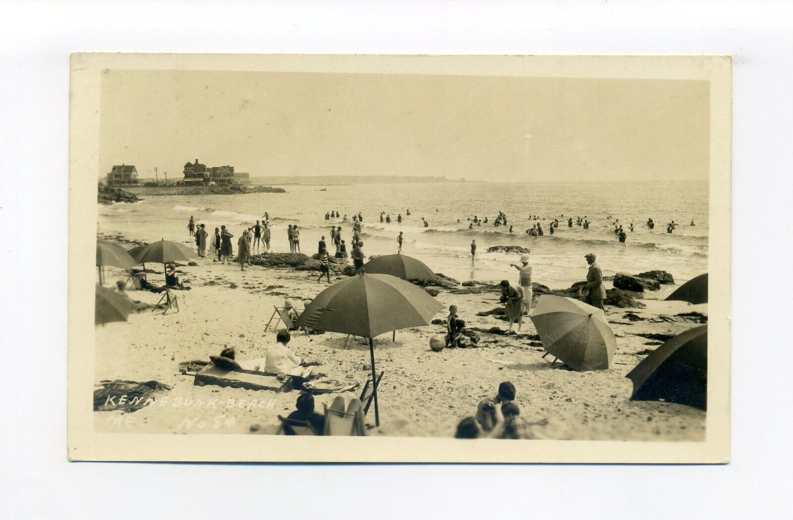 Kennebunk ME 1930\'s RPPC photo postcard, people on beach, cottages