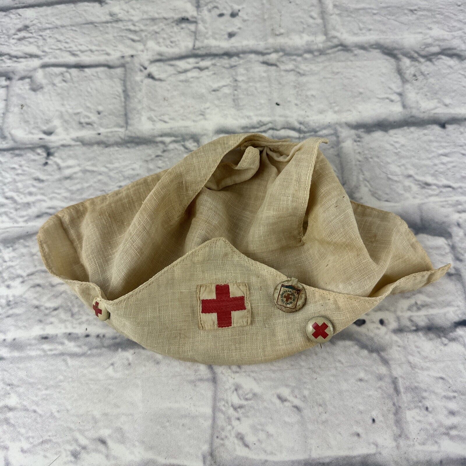 Vintage WWII Women's Red Cross Volunteer Cap Head Covering Fabric w/ Pins