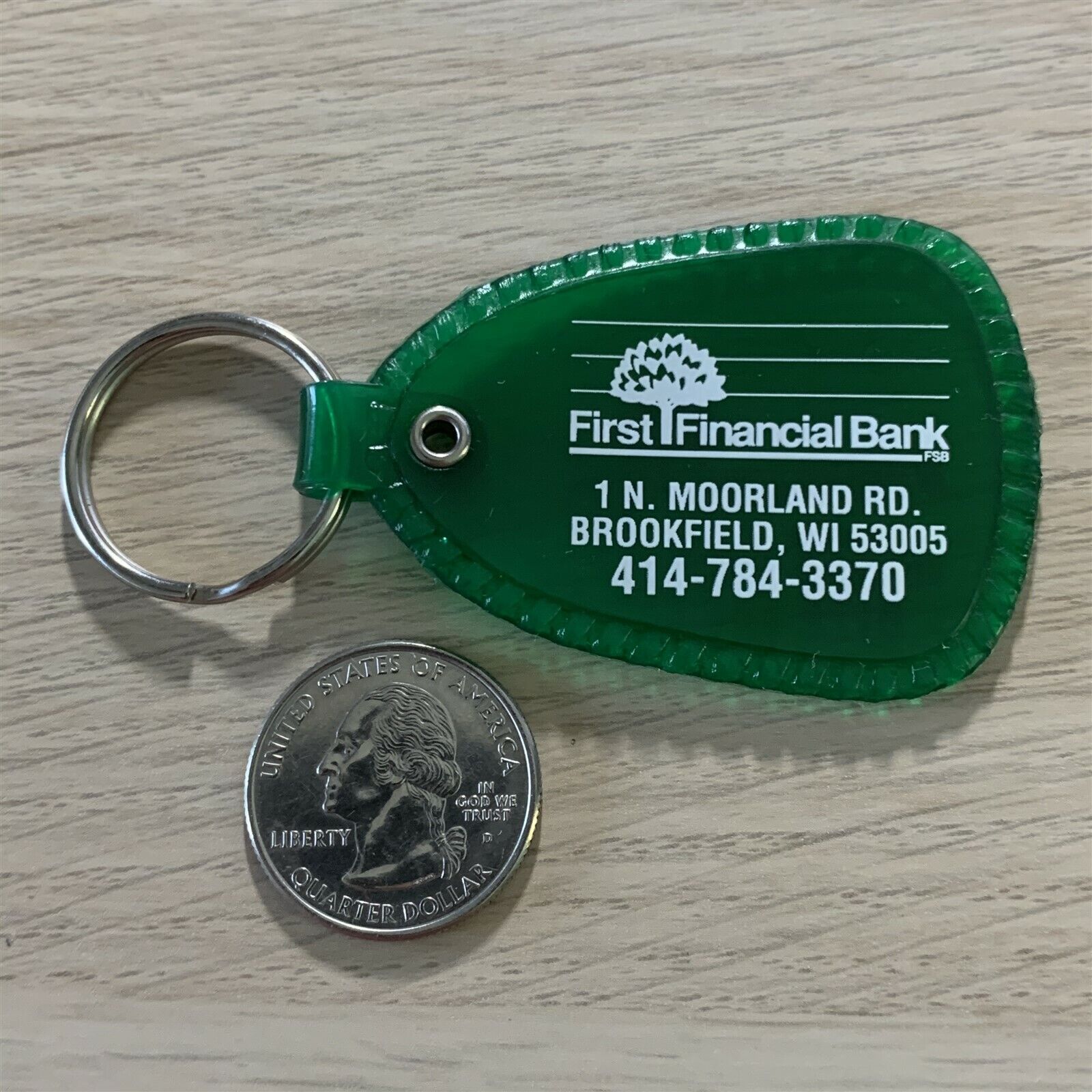 First Financial Bank Brookfield Wisconsin Green Keychain Key Ring #37931