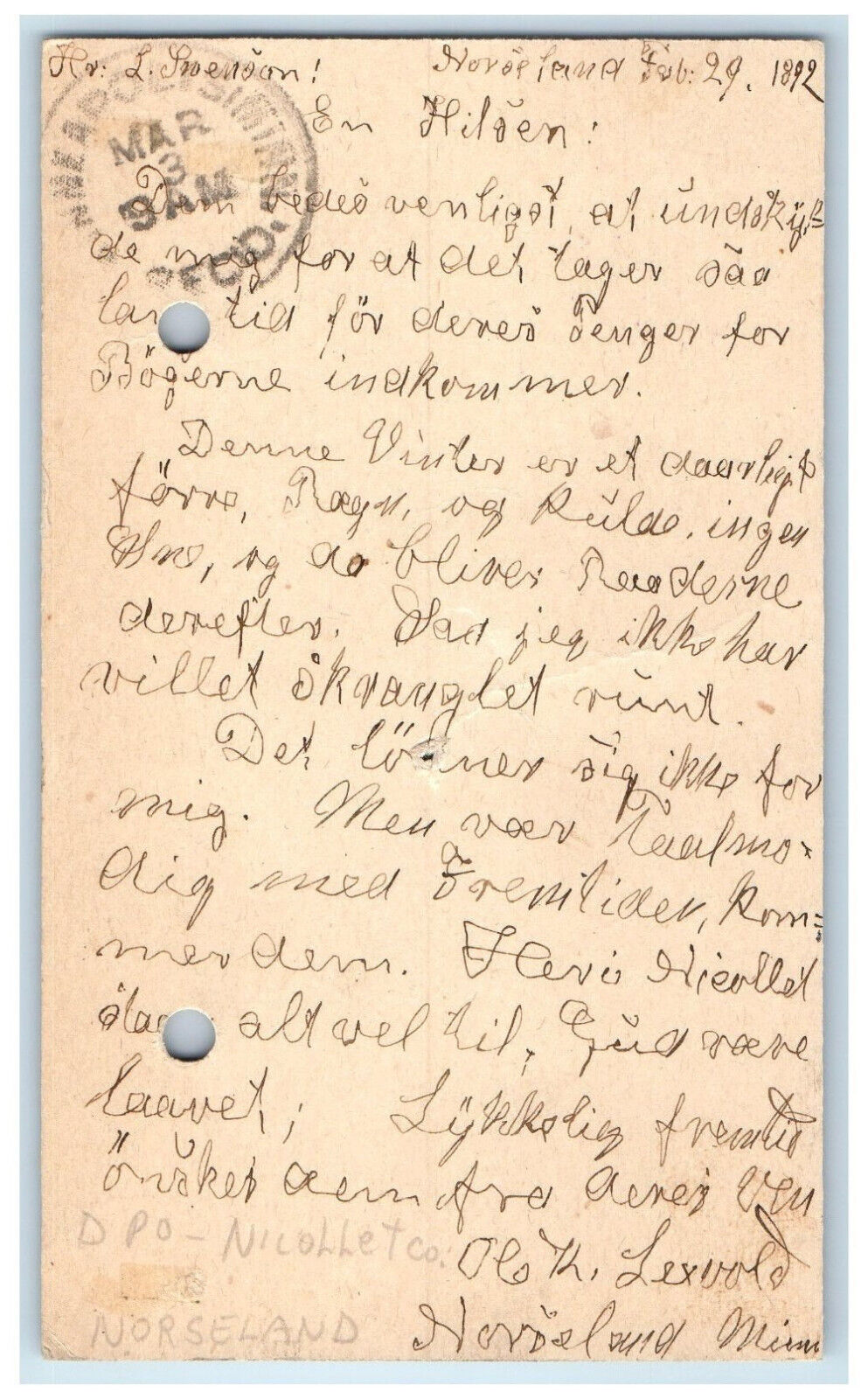 1892 Norseland Minnesota MN Minneapolis MN DPO Posted Antique Postal Card