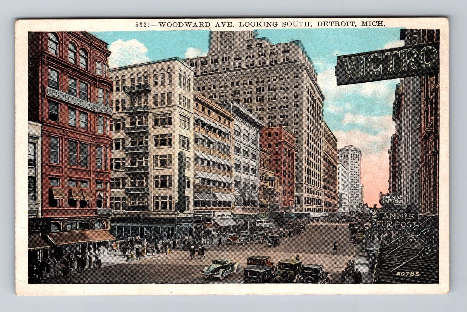 Detroit MI-Michigan, Woodward Ave Looking South, Antique, Vintage c1935 Postcard