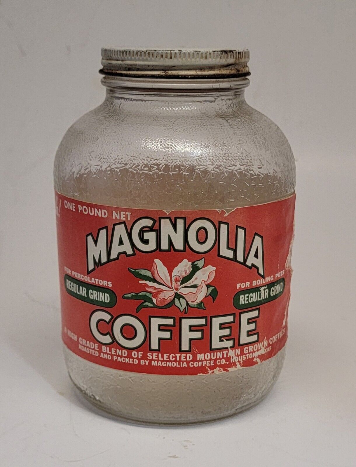 WWII Era Vintage 1940s MAGNOLIA COFFEE 1 POUND COFFEE JAR Houston Texas