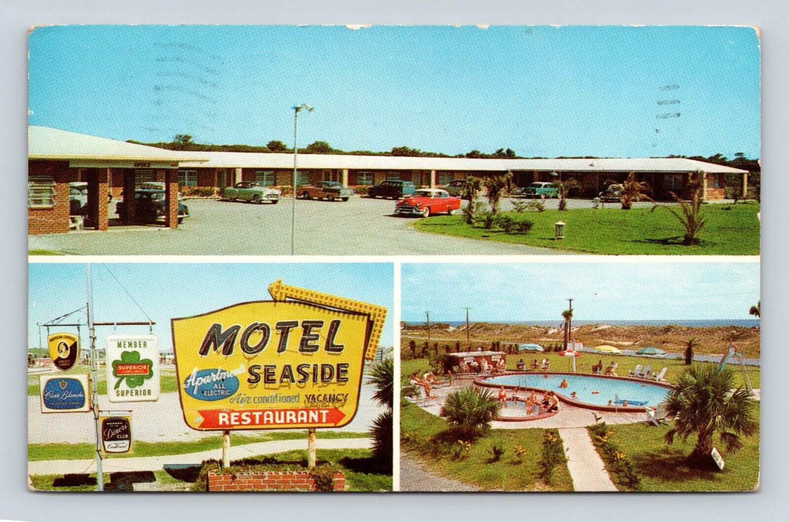 Postcard Motel Seaside Fernandina FL 1964 Carte Blanche Superior Shamrock Sign