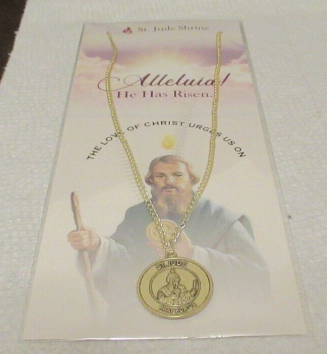 St Jude Pray For Us Gold Tone Necklace pendant with St Jude prayer card