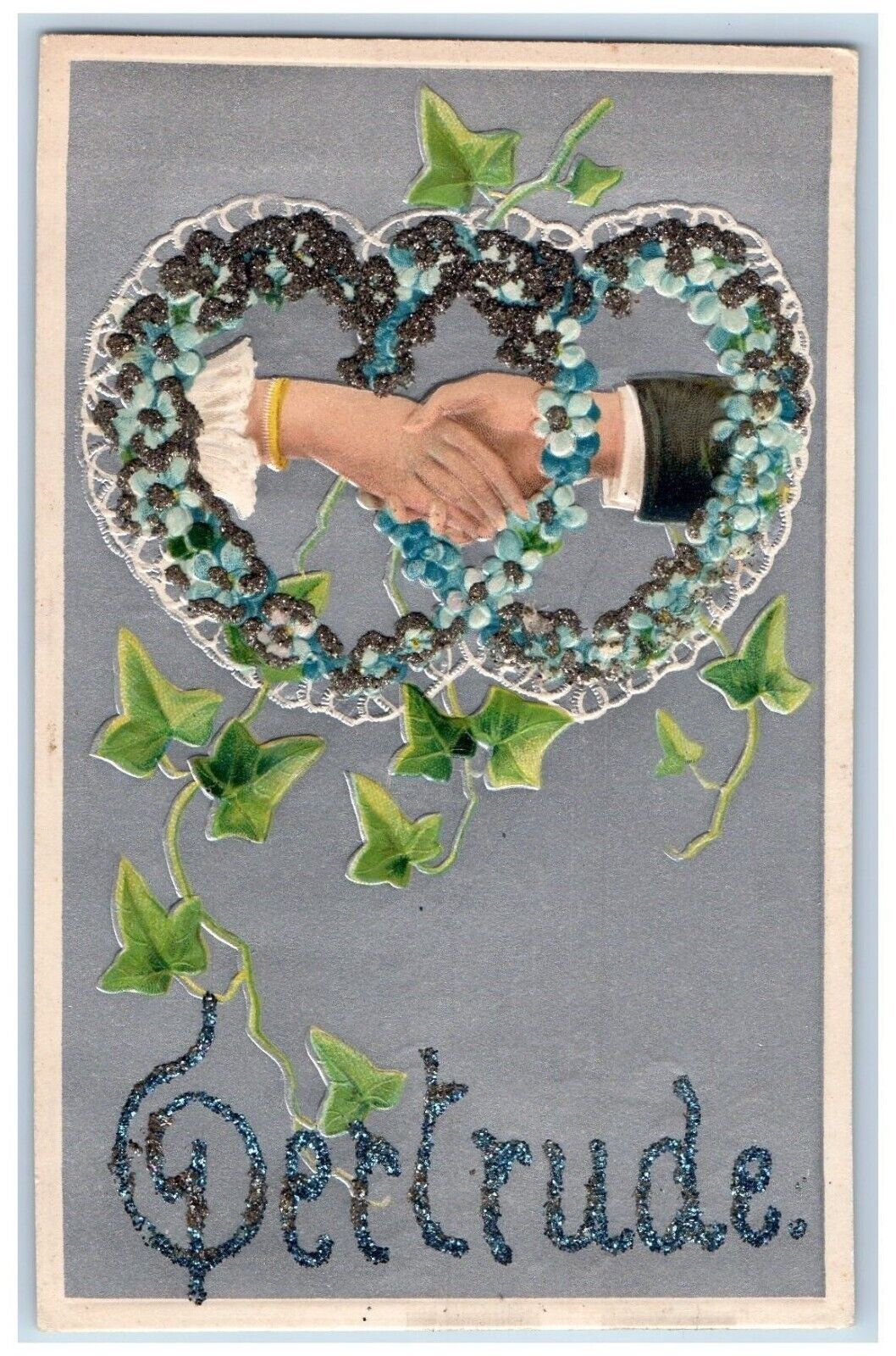 Somerset Wisconsin WI Postcard Gertrude Hearts Flowers Glitter Embossed c1910's