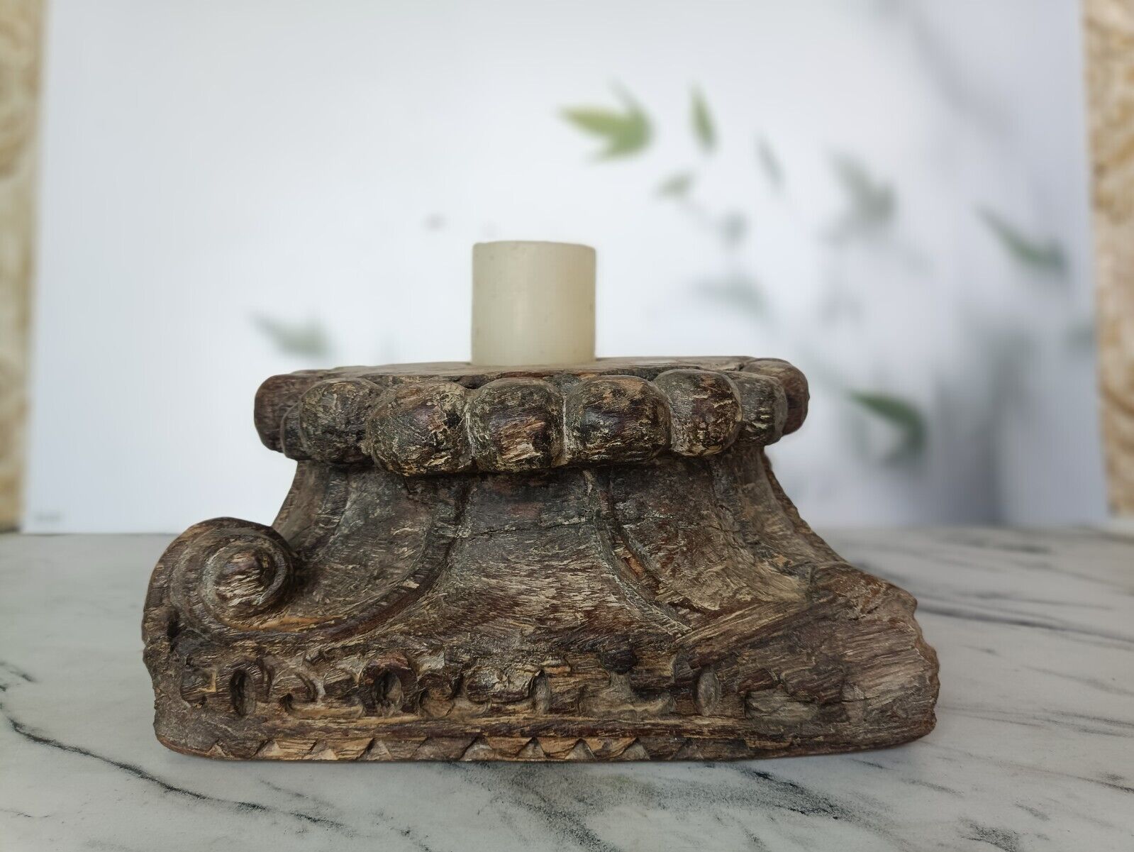 Vintage Candle Holder Indian Antique Hand carved Wooden Architectural Salvage He