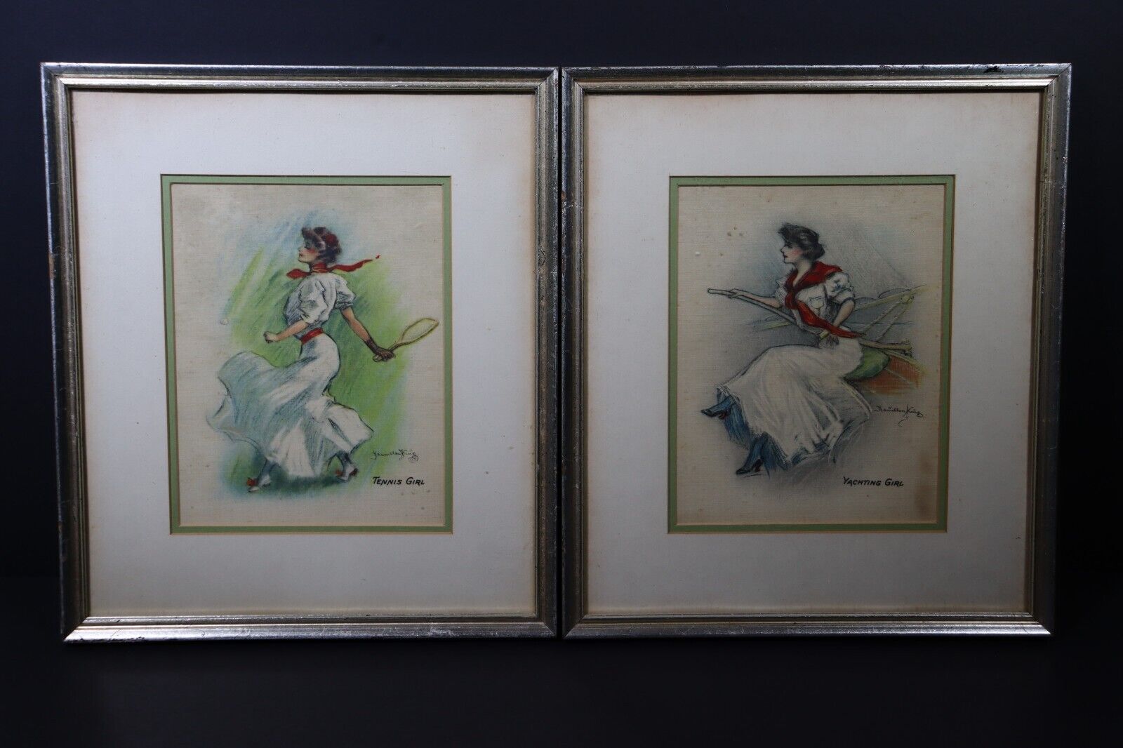 Rare Pair Framed Hamilton King Girls Turkish Tobacco Silks Yacht and Tennis Girl