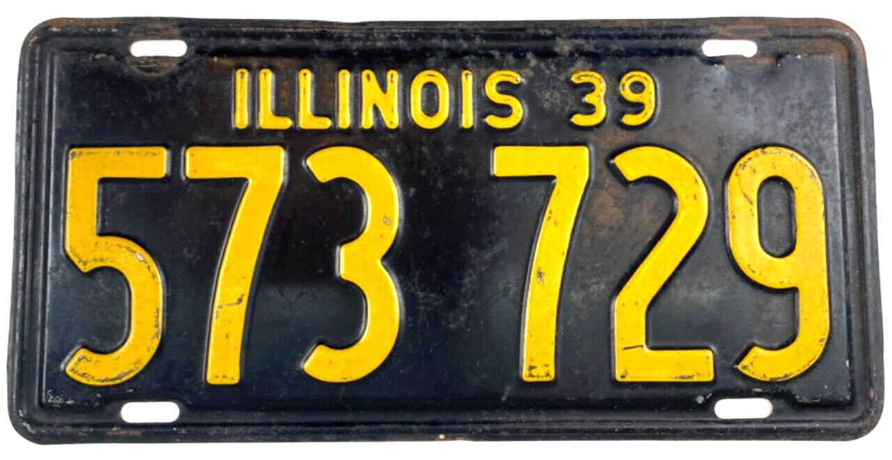 Vintage Illinois 1939 Auto License Plate 573 729 Man Cave Wall Decor Collector