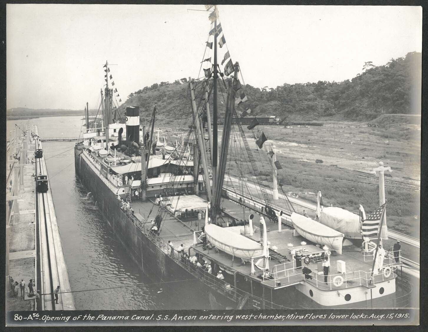 Panama Canal photo 1914 Opening of canal S S Ancon at Mira Flores lower locks