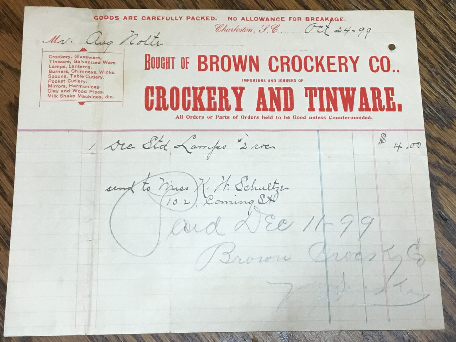 Antique 1899 Brown Crockery Co. Charleston, S.C. Crockery & Tinware Receipt Rare